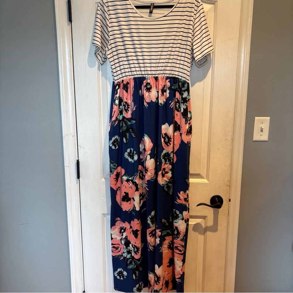 Navy Floral and Striped Maxi Dress